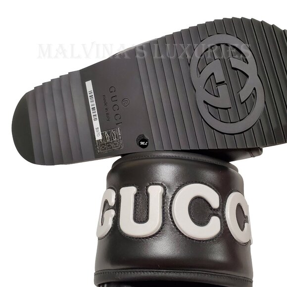 GUCCI SHOES MENS BLACK LEATHER JUMBO LOGO SLIDES FLATS SANDAL sz 8 / 8.5 US - Picture 12 of 15
